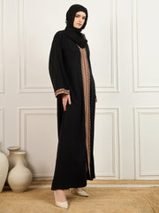 Black and Beige Solid Luxury Handworked Abaya Burqa with Black Georgette Hijab