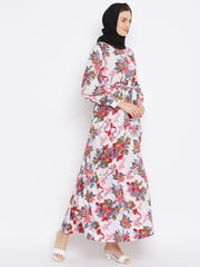 White Floral Printed Crepe Frill Abaya Dress for Women with Black Georgette Scarf