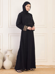 Piping Detailing A-line Black Solid Abaya Burqa For Women With Black Georgette Hijab