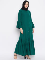 Bottle Green Plats Design Front Open Abaya with Black Georgette Hijab