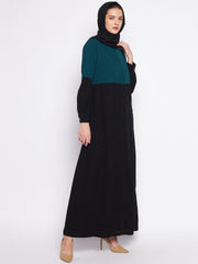 Black and Green Front Open Abaya with Black Georgette Hijab