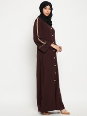 Front Open Solid Women Brown Abaya Burqa With Black Georgette Scarf