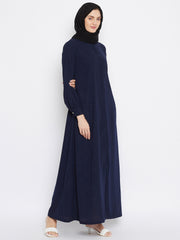 Front Open Blue Solid Mandarin Collar Abaya Burqa With Black Hijab