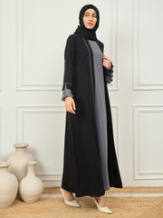 2 Piece Piping Detailing Solid Shrug Set Abaya with Black Georgette Hijab for Women