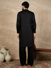 Black Solid Cotton Pathani Kurta Pajama Set For Men