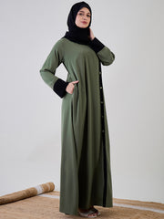 Jade Green Solid Front Open Abaya Burqa With Black Georgette Hijab