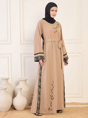 Beige Solid Luxury Hand worked Abaya Burqa for Women with Black Georgette Hijab