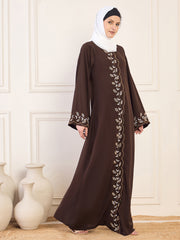 Hand Work Detailing Brown Solid Luxury Abaya Burqa For Women With White Hijab