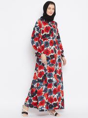 Red Floral Printed Crepe Abaya Dress with Black Georgette Hijab