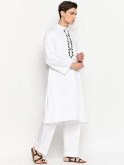 Cotton Fabric Solid White Men's Kurta Pajama Set