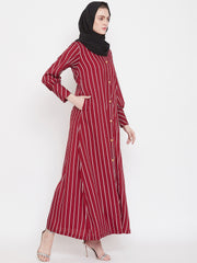 Maroon Stripe Front Open Abaya for Women with Black Georgette Scarf