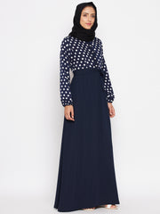 Blue and White Polka Printed Crepe Abaya for Women with Black Georgette Hijab