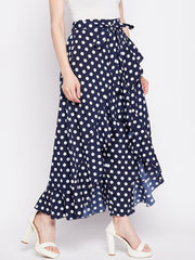 Blue and White Polka Printed Skirt With Attached Trouser