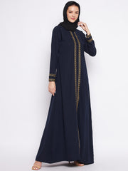 A-Line Blue Embroidery Design Abaya with Black Georgette Hijab