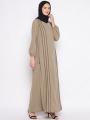 Beige A-Line Abaya with Both Side Black Piping for Women with Black Georgette Hijab