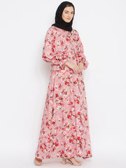 Pink Floral Printed Crepe Abaya Dress with Black Georgette Hijab