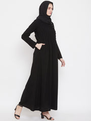 Black Solid Side Plate Abaya Dress for Women with Black Georgette Scarf