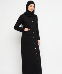 Black Rayon Front Open Abaya for Women with Black Georgette Scarf