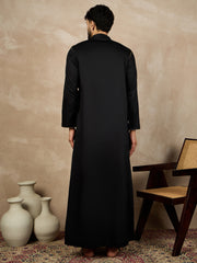 Men's Arabic Black Solid Cotton Thobe With Piping Detailing