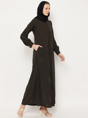 Front Open Olive Green Solid Mandarin Collar Abaya Burqa With Black Hijab