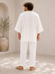 Men’s White Linen Relaxed Fit Kaftan Top – Oversized Resort Wear Tunic