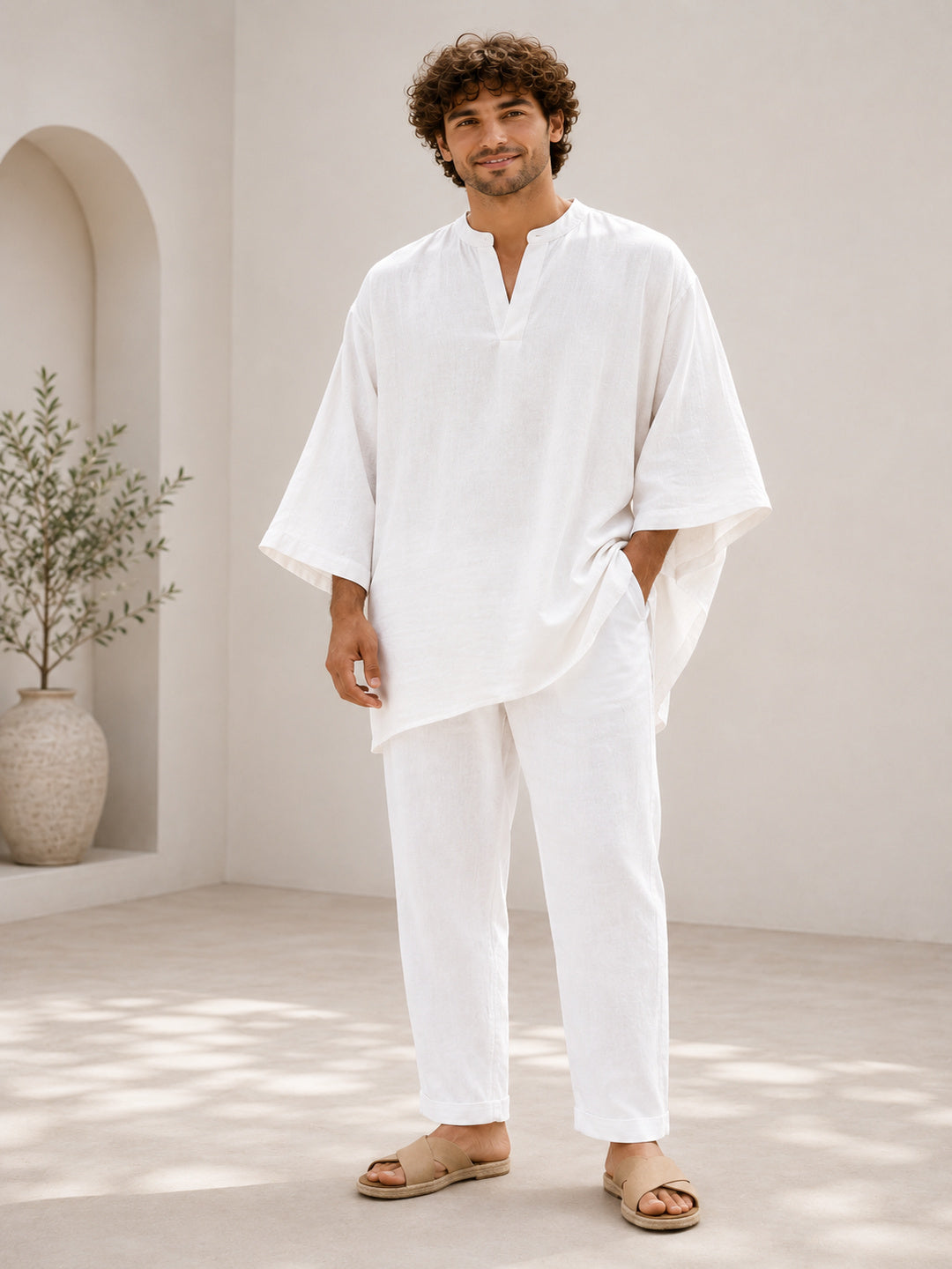 Men’s White Linen Relaxed Fit Kaftan Top – Oversized Resort Wear Tunic