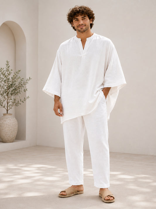 Men’s White Linen Relaxed Fit Kaftan Top – Oversized Resort Wear Tunic
