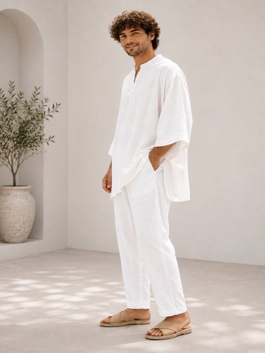 Men’s White Linen Relaxed Fit Kaftan Top – Oversized Resort Wear Tunic