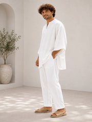 Men’s White Linen Relaxed Fit Kaftan Top – Oversized Resort Wear Tunic
