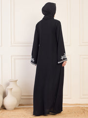 Front Open Black Solid Hand Work Detailing Luxury Abaya Burqa For Women With Black Hijab