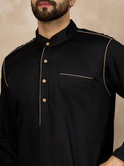 Men's Arabic Black Solid Cotton Thobe With Piping Detailing