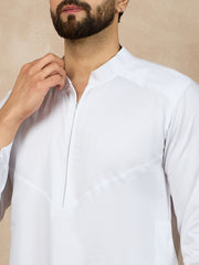 White Solid Cotton Mandarin Collar Arabic Thobe For Men