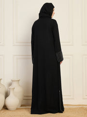 Women's Black Solid Hand Work Detailing Luxury Abaya Burqa With Black Georgette Hijab