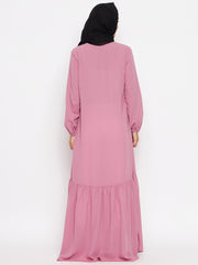 Pink Solid Frill Abaya with Black Georgette Hijab