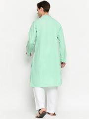 Embroidery Details Mens Solid Sea Green Kurta