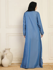 Front Open Denim Blue Solid Abaya With Black Georgette Hijab