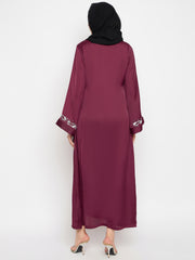Hand Work Detailing Maroon Solid Luxury Abaya Burqa with Black Hijab