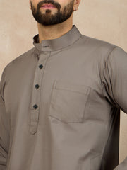 Grey Solid Cotton Kurta and White Pajama Set For Men