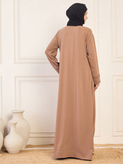 Front Open Rust Solid Coat Abaya Burqa For Women With Black Georgette Hijab