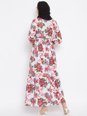 White Floral Printed Crepe Frill Abaya Dress for Women with Black Georgette Scarf