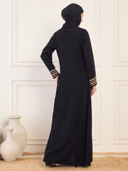 Piping Detailing A-line Black Solid Abaya Burqa For Women With Black Georgette Hijab