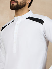 White Solid Mandarin Collar Cotton Kurta For Men With Piping Detailing