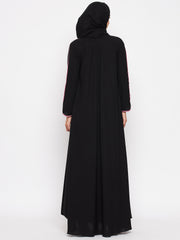Black Solid Abaya with Piping Design for Women with Black Georgette Hijab