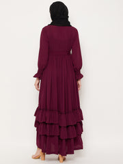 Women Maroon Casual Frilled Abaya Burqa With Belt and Black Hijab