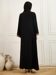 Black and Beige Solid Luxury Handworked Abaya Burqa with Black Georgette Hijab