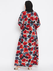 Red Floral Printed Crepe Abaya Dress with Black Georgette Hijab