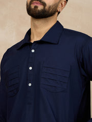 Blue Solid Shirt Collar Cotton Kurta For Men