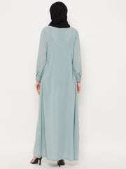 Front Open Sea Green Solid Mandarin Collar Abaya Burqa With Black Hijab