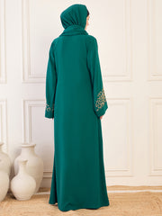 Front Open Bottle Green Solid Hand Work Detailing Luxury Abaya Burqa For Women With Matching Hijab