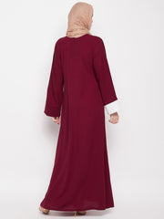 A-Line Piping Design Maroon Abaya for Women with Black Georgette Hijab